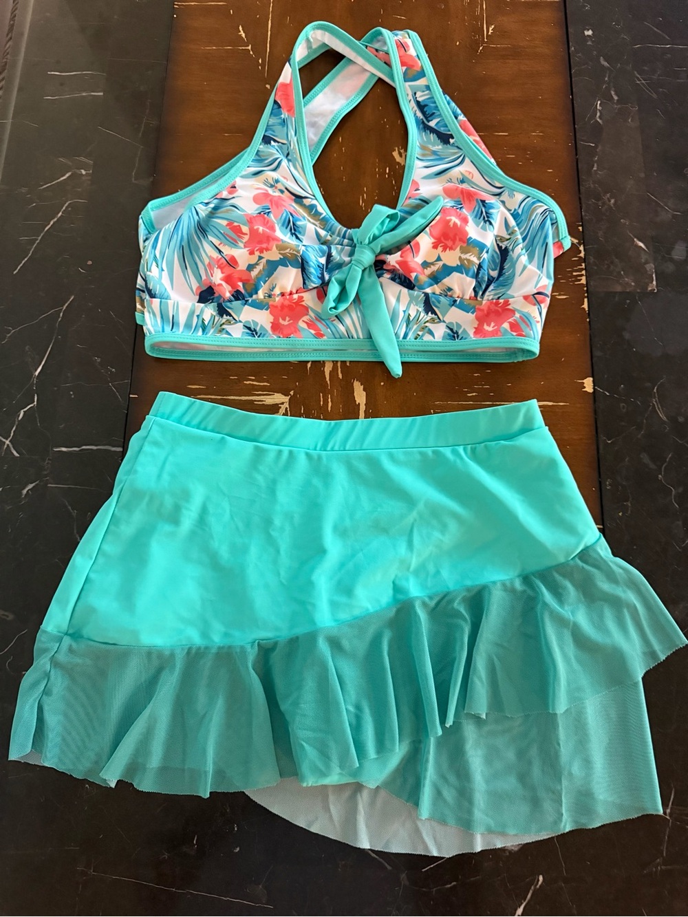 Swimsuits For All Teal Tropical Floral Bikini Top with Teal Skirted Bottom